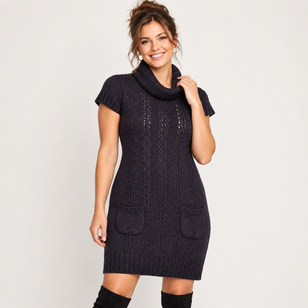 Chiaramente Mohair Wool Sweater Dress M Cowl Neck Cable Knit Italy Quiet Luxury